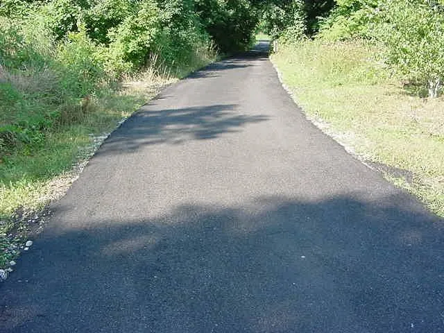 Camino angosto de asfalto entre árboles construido sobre una base de teja reciclada